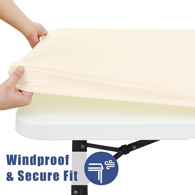 Moosfor Spandex 5 Foot Rectangle Table Cloth, Elastic Fitted Tablecloths for Picnic, Stretch Washable Patio Table Cover for Outdoor, Camping, Banquet and Parties (Beige, 36"x60")