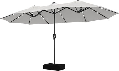 ABCCANOPY 15FT Solar LED Double-Sided Umbrella with Base, Light Gray | Rectangular Outdoor Table Umbrella with Crank, Heavy Duty Market Umbrella Shade for Garden,Poolside, Lawn, Backyard