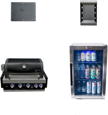 Mont Alpi Premium 32"W x 23"D x 21"H Black Stainless Steel 4-Burner Built-in BBQ Gas Grill Head with Infrared Rear Burner + Rotisserie Kit + Outdoor Rated Refrigerator + Charcoal Tray + Griddle Plate