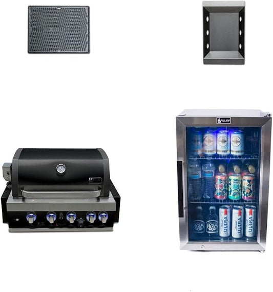 Mont Alpi Premium 32"W x 23"D x 21"H Black Stainless Steel 4-Burner Built-in BBQ Gas Grill Head with Infrared Rear Burner + Rotisserie Kit + Outdoor Rated Refrigerator + Charcoal Tray + Griddle Plate