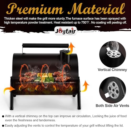 Portable Charcoal Grill with Thermometer & Small Tabletop Barbecue Grill, Joyfair Barbecue Grill for Outdoor Camping Backyard Party BBQ, Small Grill with Food Tray & Rack (2 IN 1 Double-Sided)