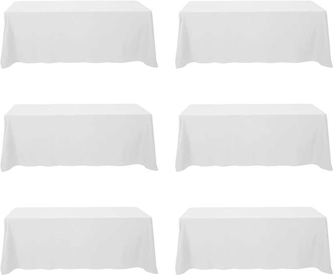 BRILLMAX 6 Pack White Tablecloths 90x156 Inch for 8ft Rectangle Tables | 150 GSM Polyester Fabric, Floor Length Drop, Water, Stain & Wrinkle Resistant Cloth Cover for Wedding Reception Banquet Party