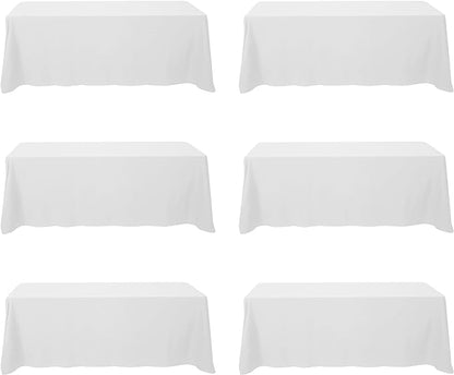 BRILLMAX 6 Pack White Tablecloths 90x156 Inch for 8ft Rectangle Tables | 150 GSM Polyester Fabric, Floor Length Drop, Water, Stain & Wrinkle Resistant Cloth Cover for Wedding Reception Banquet Party
