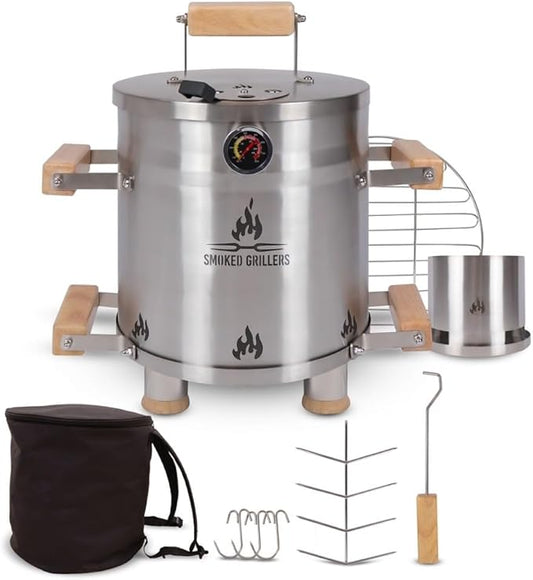 Barrel Smoker Grill Combo | 100% Stainless Steel Barrel | 95% Less Smoke, Even Heat | Easy to Use & Clean – Vertical Smoker Ideal for Balconies and Backyards (MINI-6 LBS)