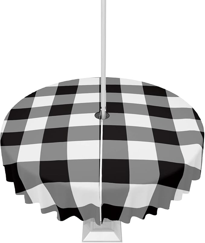 Black and White Checkered Outdoor Tablecloth - 60 Inch Round Dining Table Cover, Farmhouse Buffalo Plaid Waterproof Outdoor Table Cloth with Umbrella Hole & Zipper for Picnic/Patio/Party