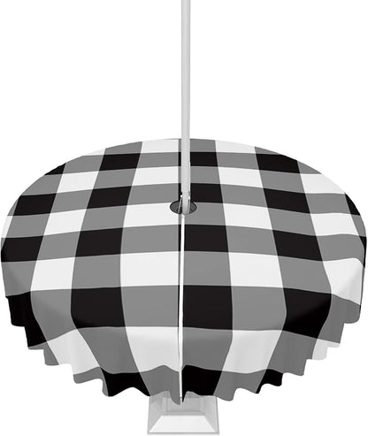 Black and White Checkered Outdoor Tablecloth - 60 Inch Round Dining Table Cover, Farmhouse Buffalo Plaid Waterproof Outdoor Table Cloth with Umbrella Hole & Zipper for Picnic/Patio/Party