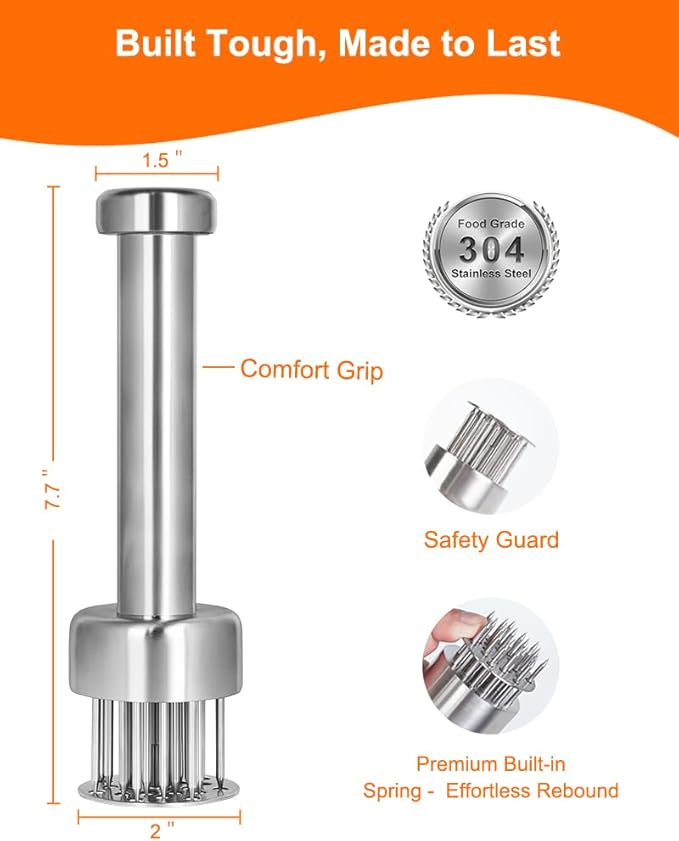 Brigii Meat Tenderizer Tool, 304 Stainless Steel Needle Tenderizer with Retractable Safety Guard, for Tenderizing Steak, Beef, Chicken, Turkey, Dishwasher Safe