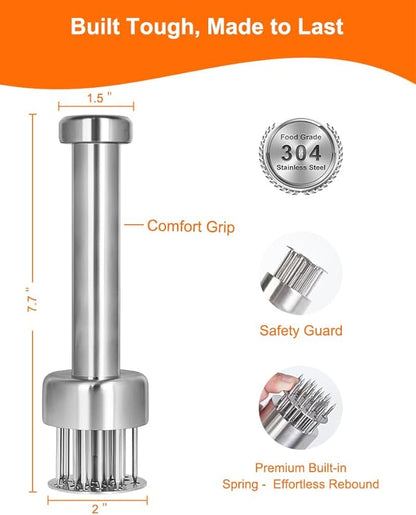 Brigii Meat Tenderizer Tool, 304 Stainless Steel Needle Tenderizer with Retractable Safety Guard, for Tenderizing Steak, Beef, Chicken, Turkey, Dishwasher Safe