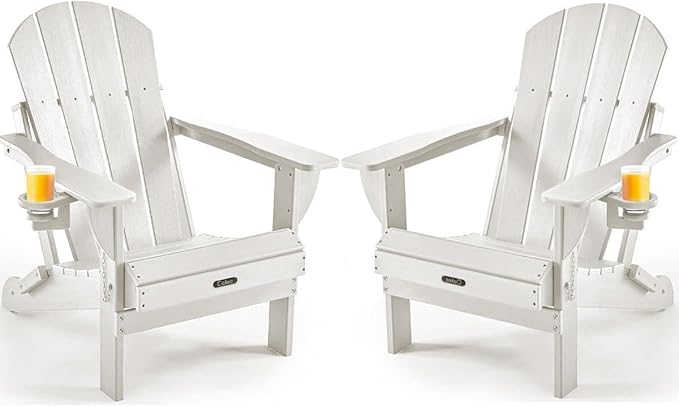 Ciokea Folding Adirondack Chair 2 Pack, Patio Adirondack Chair Weather Resistant, Plastic Fire Pit Chair with Cup Holder, Lawn Chair for Outdoor Porch Garden Backyard Deck (White)