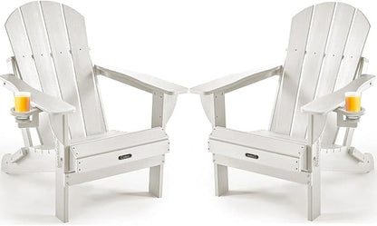 Ciokea Folding Adirondack Chair 2 Pack, Patio Adirondack Chair Weather Resistant, Plastic Fire Pit Chair with Cup Holder, Lawn Chair for Outdoor Porch Garden Backyard Deck (White)