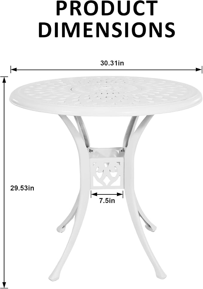 30.31" Outdoor Patio Dining Table, Cast Aluminum Bistro Table, Patio Furniture Set with 2.36" Umbrella Hole for Balcony Lawn Garden Backyard