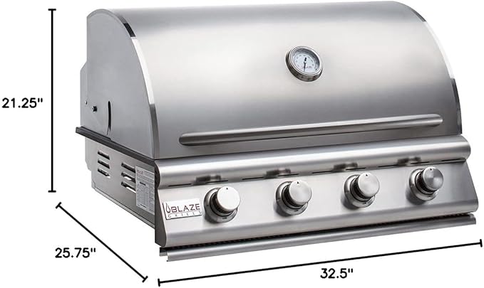 Blaze Prelude LBM Built-In Natural Gas Grill | 32-Inch 4-Burner BBQ with 56,000 BTUs | 304 Stainless Steel Construction | Flame Stabilizing Grids | BLZ-4LBM-NG