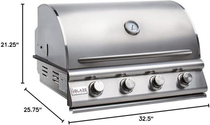 Blaze Prelude LBM Built-In Natural Gas Grill | 32-Inch 4-Burner BBQ with 56,000 BTUs | 304 Stainless Steel Construction | Flame Stabilizing Grids | BLZ-4LBM-NG