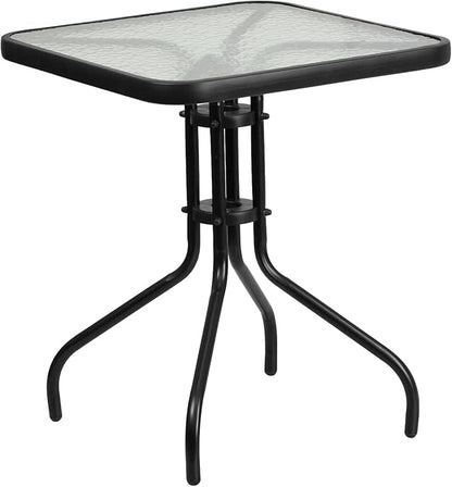 Flash Furniture Lila 23.5'' Square Glass Metal Table with 2 Black Metal Aluminum Slat Stack Chairs