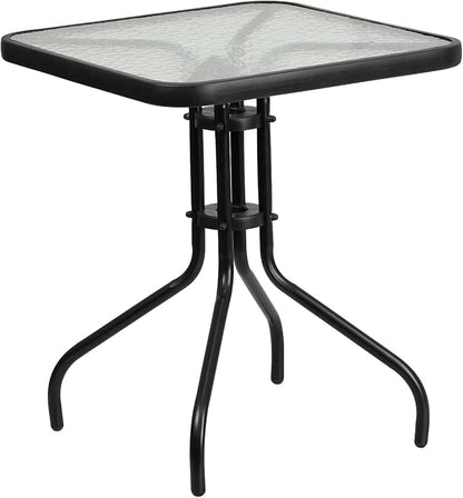Flash Furniture Lila 23.5'' Square Glass Metal Table with 2 Black Rattan Stack Chairs | Durable Construction, Commercial Use