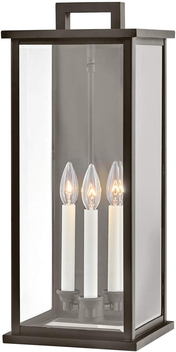 Hinkley Weymouth Three Light Outdoor Wall Mount Lantern – Estate Series, Aluminum, Candle Sleeves, Rectangular, Clear Beveled Glass – Oil Rubbed Bronze Finish