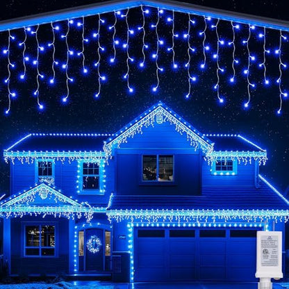Joomer 19FT Christmas Icicle Lights Outdoor Connectable Blue | 30 Drops 8 Modes Timer Waterproof Plug-in String Light for Christmas Party, holiday Eaves Roof yard Xmas Decorations