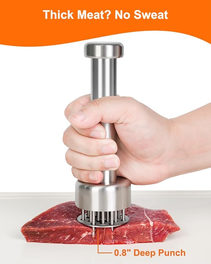 Brigii Meat Tenderizer Tool, 304 Stainless Steel Needle Tenderizer with Retractable Safety Guard, for Tenderizing Steak, Beef, Chicken, Turkey, Dishwasher Safe