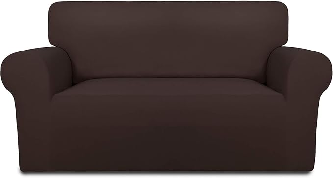PureFit Stretch Loveseat Covers Fleece Couch Covers for Sofa Chocolate | 1-Piece Sofa Slipcover Soft Couch Protector, Sofa Cover Washable with Non Skid Foam and Elastic Bottom for Kids, Dogs
