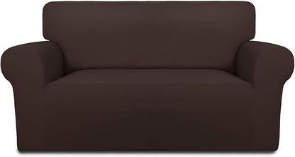 PureFit Stretch Loveseat Covers Fleece Couch Covers for Sofa Chocolate | 1-Piece Sofa Slipcover Soft Couch Protector, Sofa Cover Washable with Non Skid Foam and Elastic Bottom for Kids, Dogs