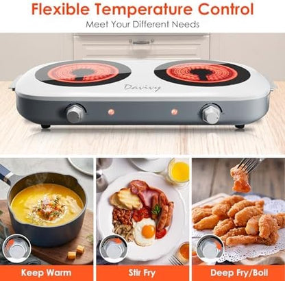 Davivy Hot Plate Electric Double Burner,1800W Rapid Heating Portable Cooktop with 7.9inch Crystallite Ceramic Glass Top,Flexible Temperature Settings,Lightweight Design for Cooking (Double-White)