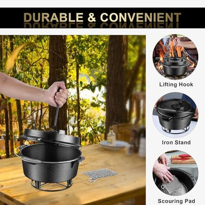 Joyfair Portable Charcoal Grill with Thermometer & Pre-seasoned Cast Iron Dutch Oven Set, Small Tabletop Barbecue Grill for Outdoor Camping, Camp Dutch Pot & Griddle Skillet, 5QT Pot & 2QT Lid