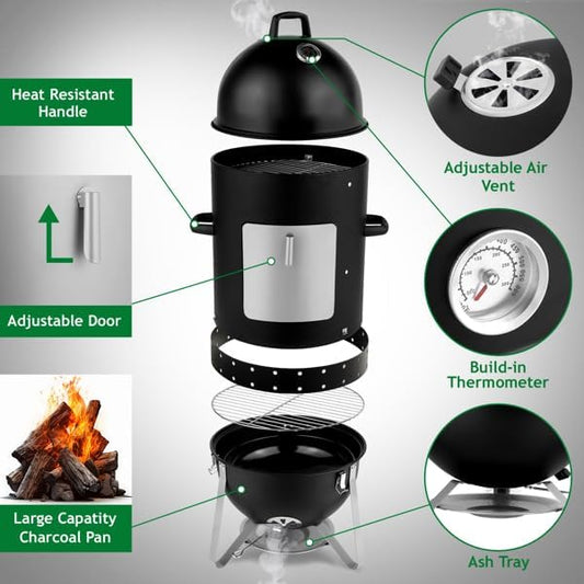 Vertical Steel Charcoal Smoker, Heavy Duty Three Layer Round BBQ Grill Fuel Efficient Cooker for Outdoor Cooking, Black (Tall Vertical 3 Tier Smoker)