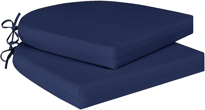 Cozyide Outdoor Chair Cushions, Waterproof Patio Seat Cushions with Adjustable Straps, Round Corner Patio Chair Cushions for Garden, Navy, 17x16x2 Inch (Pack of 2)