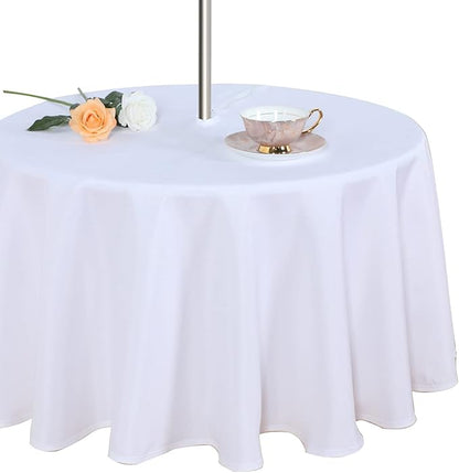 Fitable Outdoor and Indoor Tablecloth, White, 60 Inches Round | Washable Waterproof Wrinkle Free Table Cover, Zipper and Umbrella Hole, For Spring Summer Party Picnic Camping Patio