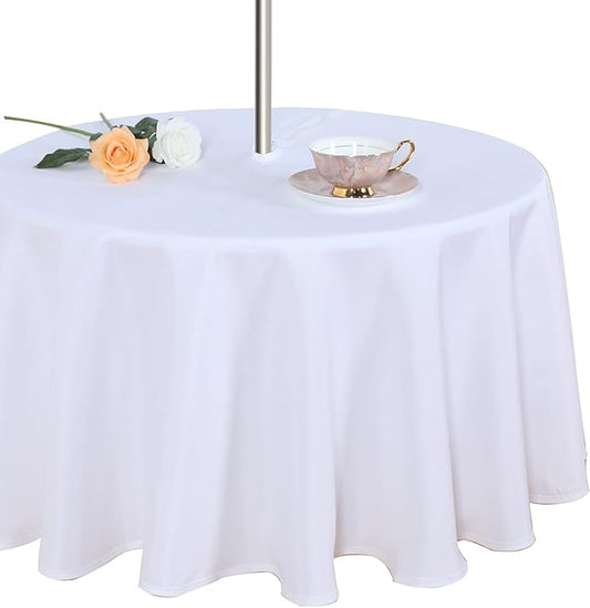 Fitable Outdoor and Indoor Tablecloth, White, 60 Inches Round | Washable Waterproof Wrinkle Free Table Cover, Zipper and Umbrella Hole, For Spring Summer Party Picnic Camping Patio
