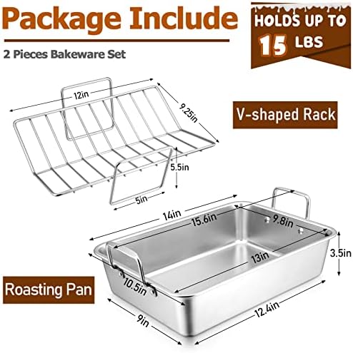 Joyfair Portable Charcoal Grill with Thermometer & Roasting Pan with Rack for Turkey Chicken, Small Tabletop Barbecue Grill for Outdoor Camping, Stainless Steel Roaster Pan and V-rack for Toaster Oven
