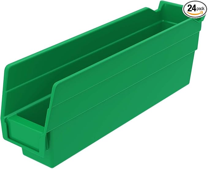 Akro-Mils 30110 Heavy Duty Plastic Shelf Bins, 12"x 3"x 4", Green, 24-Pack | Heavy Duty Nesting Storage Bins for Garage, Closet, Refrigerator, Kitchen, Cabinet, Drawer Organization, Pantry Organization