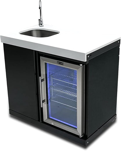 Mont Alpi Premium 38"W x 23"D x 46"H Black Stainless Steel Outdoor Beverage Center Module with 2.7 Cu. Ft. Glass Door Refrigerator + Faucet & Sink Combo + Storage Cabinet + White Granite Countertops