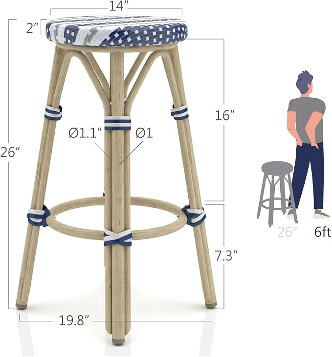 Seadrift Boho 26-inch Aluminum and All-Weather Wicker Barstools with Footrest, Patio Stools & Bar Chairs for Outdoor, Kitchen Counter, Poolside, Yard, Set of 2, Navy Blue and White
