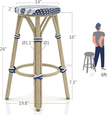 Seadrift Boho 26-inch Aluminum and All-Weather Wicker Barstools with Footrest, Patio Stools & Bar Chairs for Outdoor, Kitchen Counter, Poolside, Yard, Set of 2, Navy Blue and White