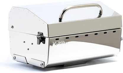 Camco Kuuma Stow N Go 125 Stainless Steel Gas Grill with Latch, Handle, and Pedestal Mount for Patio, Lawn, and Garden, Silver