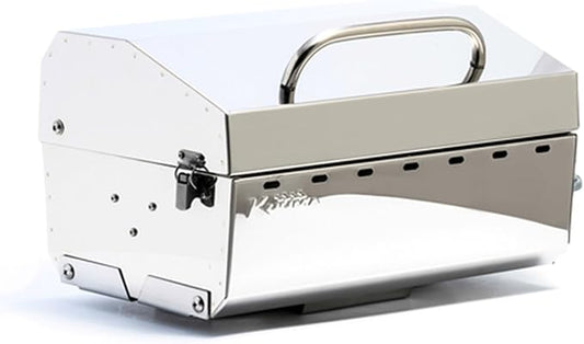 Camco Kuuma Stow N Go 125 Stainless Steel Gas Grill with Latch, Handle, and Pedestal Mount for Patio, Lawn, and Garden, Silver