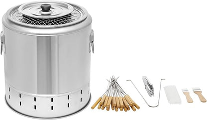 Portable Smokeless Barbecue Charcoal Barrel Grill, Stainless Steel Surround Charcoal kebab Grill with 20 Skewers and BBQ Grill Cooking Grate