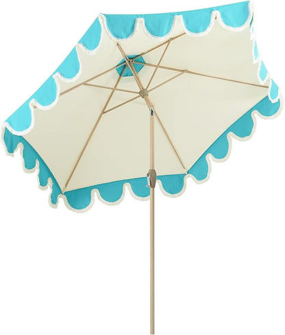 Tempera 9ft Scalloped Beige Spliced Blue Patio Umbrellas with Fringe, Market Umbrellas with Water-Resistant and Fade Resistant Canopy, 1.5" Wood Pole & Button Tilt