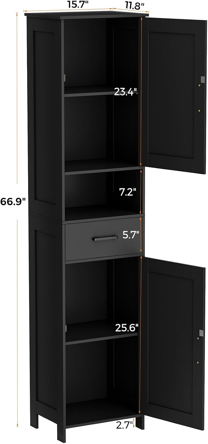 Homhedy 67" H Tall Bathroom Storage Cabinet with Barn Doors and Drawer | Narrow Storage Unit with Adjustable Shelves, Floor Cabinet for Bathroom, Living Room, Entryway or Kitchen, Black, 15.7" W