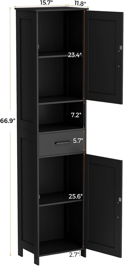 Homhedy 67" H Tall Bathroom Storage Cabinet with Barn Doors and Drawer | Narrow Storage Unit with Adjustable Shelves, Floor Cabinet for Bathroom, Living Room, Entryway or Kitchen, Black, 15.7" W