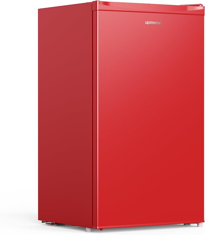 Upstreman 3.2 Cu.Ft Mini Fridge with Freezer, Red-BR321 | Adjustable Thermostat, Energy Saving, Low Noise, Reversible Door, Small Refrigerator for Dorm, Bedroom, Office