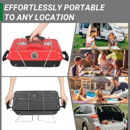 Portable Charcoal Grill 40" - Heavy-Duty Outdoor BBQ Smoker with Thermometer & Dual Doors, Perfect for Camping, Beach, Garden, Patio & Backyard, 53x27x27.5cm, Stylish Black & Red