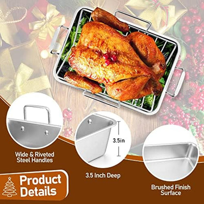 Joyfair Portable Charcoal Grill with Thermometer & Roasting Pan with Rack for Turkey Chicken, Small Tabletop Barbecue Grill for Outdoor Camping, Stainless Steel Roaster Pan and V-rack for Toaster Oven