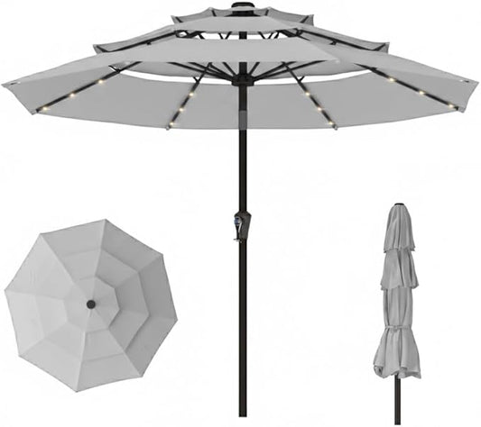 10ft 3-Tier Patio Umbrella with 32 Solar Powered LED Lights, Windproof Outdoor Market Umbrella for Deck, Poolside & Garden, Sturdy Push-Button Tilt Table Umbrella, Light Gray