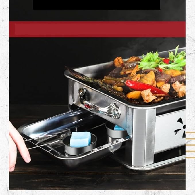 chafing dish Stainless Steel Charcoal Grill Multifunctional Alcohol Grilled Fish BBQ for Indoor Outdoor(Sliding out,45 * 35cm)