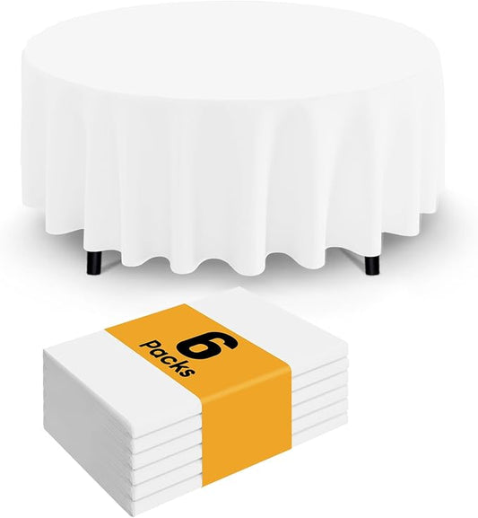 Smiry Disposable Table Cloth - 6 Pack, 84 Inch Round Waterproof Tablecloths for Parties, Decorative Plastic Table Cover, Leakproof & Sturdy, White