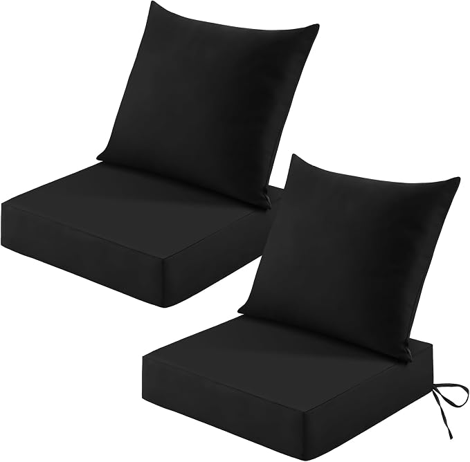 Patio Cushions for Outdoor Furniture, 24x24 Outdoor Couch Cushions, Waterproof & Fade-Resistant Patio Chair Cushions with Removable Cover, Replacement Outdoor Deep Seat Cushion, Black (Set of 2)
