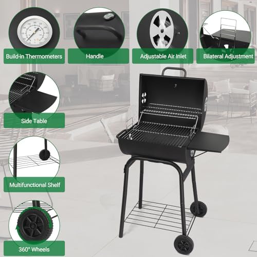 Portable Charcoal Grill 40" - Heavy-Duty Outdoor BBQ with Thermometer & Dual Doors, Perfect for Camping, Beach, Garden, Patio & Backyard (Black) 86x52x103cm