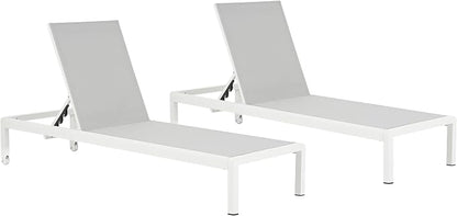 Christopher Knight Home Set of 2 Berton Outdoor Mesh Seat Chaise Lounge Chairs, Patio Adjustable Aluminum Frame Single Lounge Sofa, Poolside/Garden/Backyard Seating, All-Weather Furntiure, Gray+White